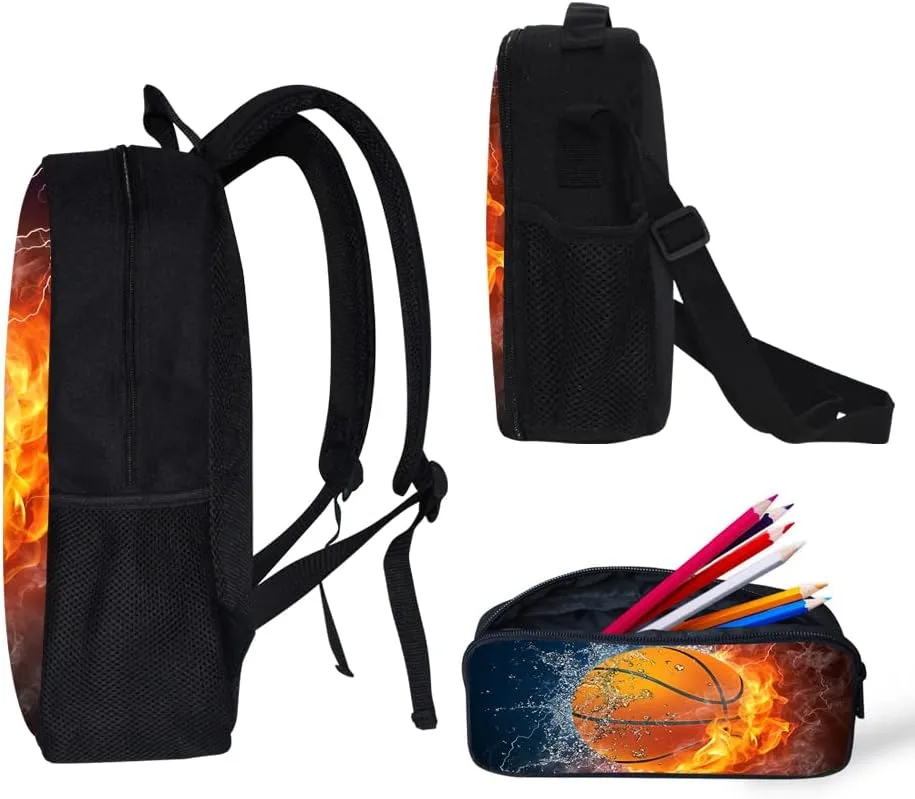 Lightweight Backpack for Girls/Boys School Bag with Lunch Bag, Pencil Case 3 in 1(Basketball)