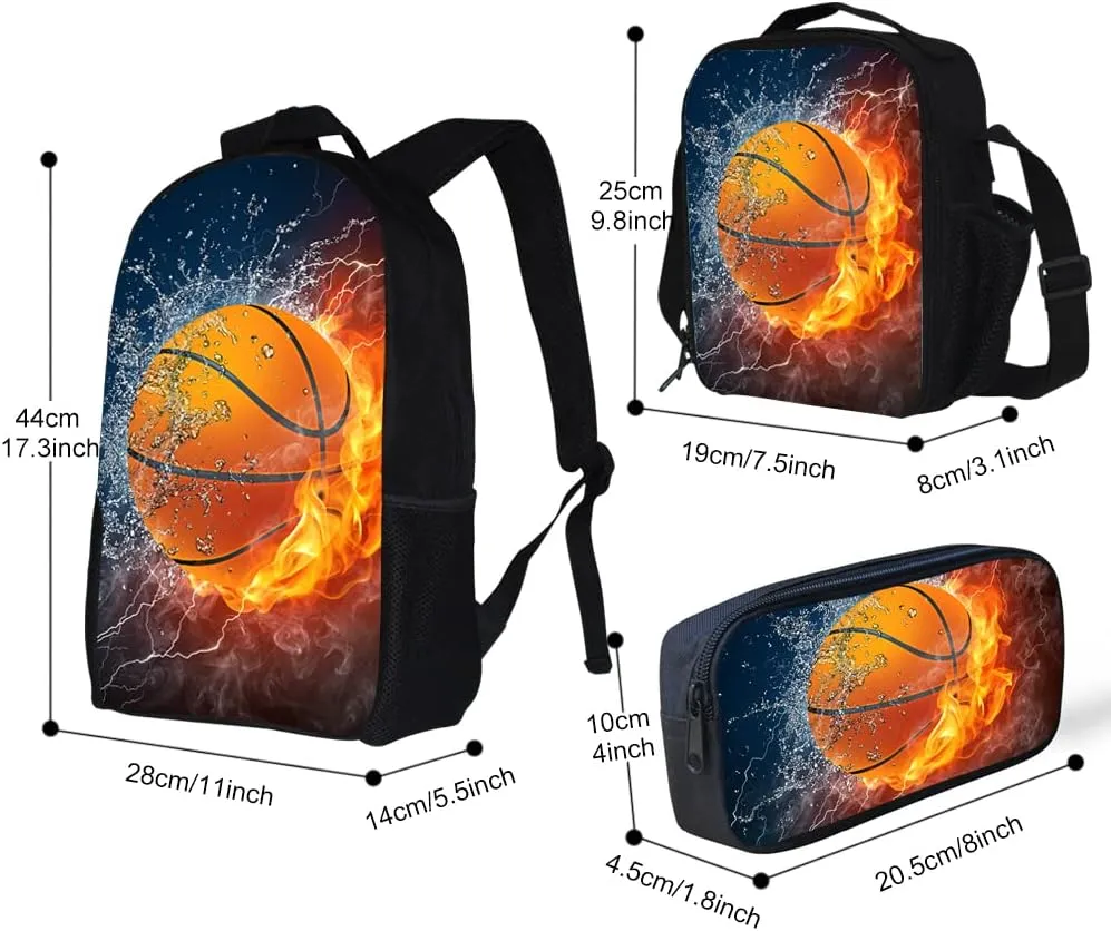 Lightweight Backpack for Girls/Boys School Bag with Lunch Bag, Pencil Case 3 in 1(Basketball)