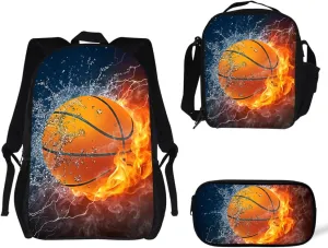 Lightweight Backpack for Girls/Boys School Bag with Lunch Bag, Pencil Case 3 in 1(Basketball)