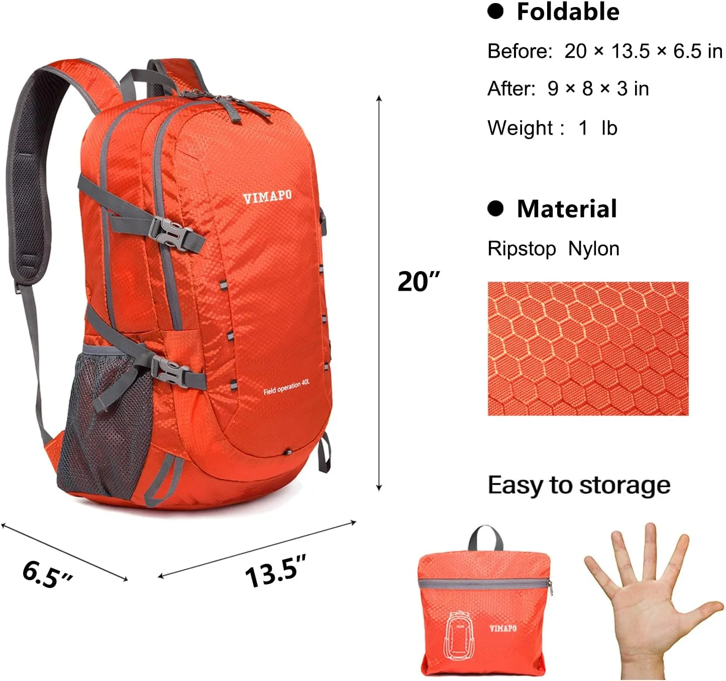 Lightweight Foldable Hiking Backpack 40L, Ripstop Nylon Packable Travel Daypack, Collapsible Backpack For Traveling Hiking Camping Touring(Orange)