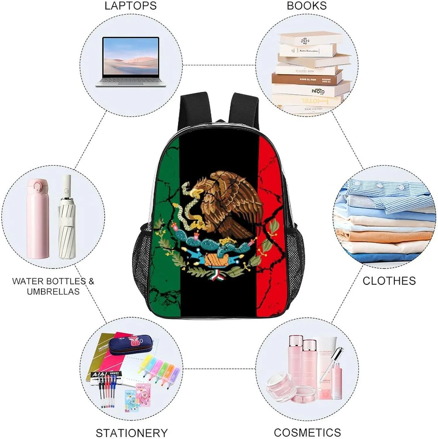 Lightweight Rucksack for Sports Travel Running - Big Capacity Multipurpose Transparent Bookbag, Black Mexico Flag Crack Art Travel and Sport Backpack Rucksack