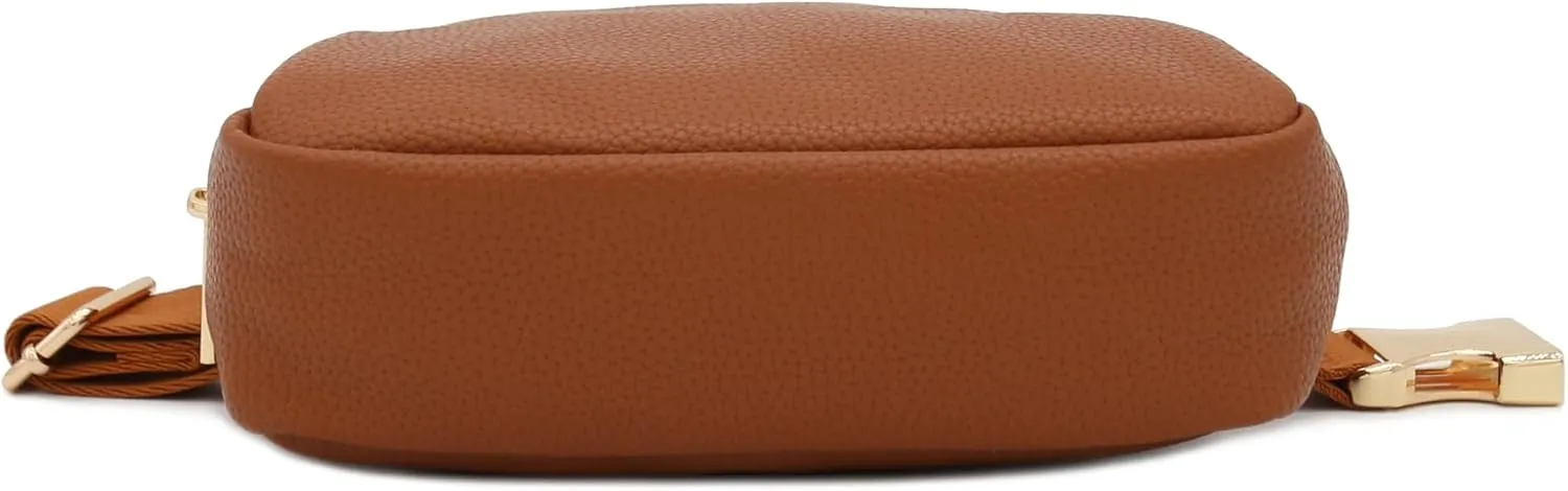 Lightweight Soft PU Pebbled Leather Everyday Sling Fanny Pack Belt Bag with Gold Metal Buckle (Tan)