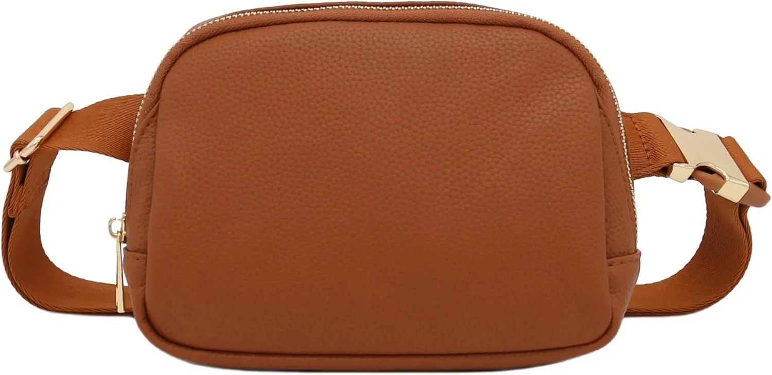 Lightweight Soft PU Pebbled Leather Everyday Sling Fanny Pack Belt Bag with Gold Metal Buckle (Tan)