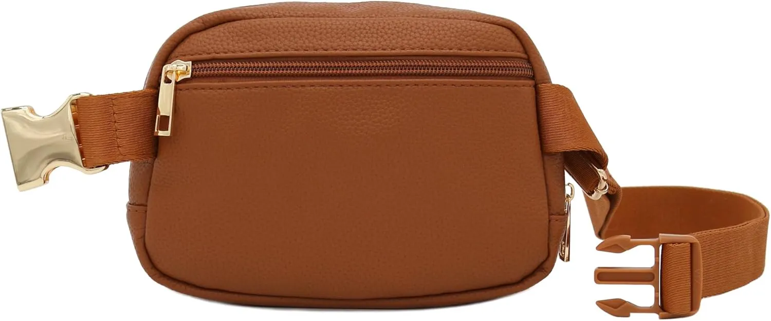 Lightweight Soft PU Pebbled Leather Everyday Sling Fanny Pack Belt Bag with Gold Metal Buckle (Tan)