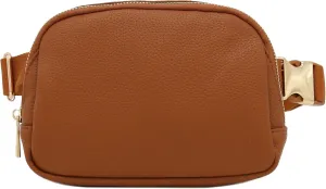 Lightweight Soft PU Pebbled Leather Everyday Sling Fanny Pack Belt Bag with Gold Metal Buckle (Tan)