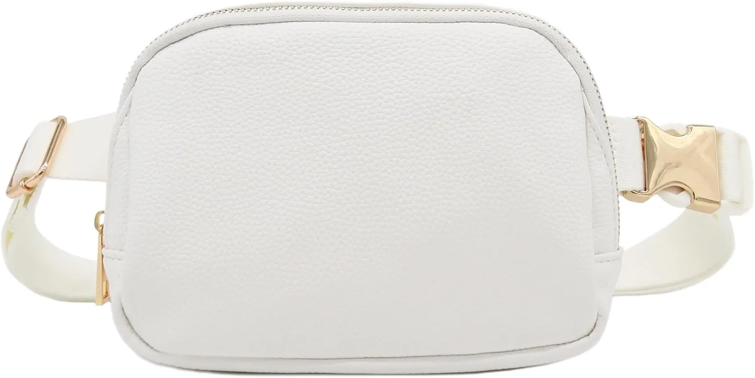 Lightweight Soft PU Pebbled Leather Everyday Sling Fanny Pack Belt Bag with Gold Metal Buckle (White)