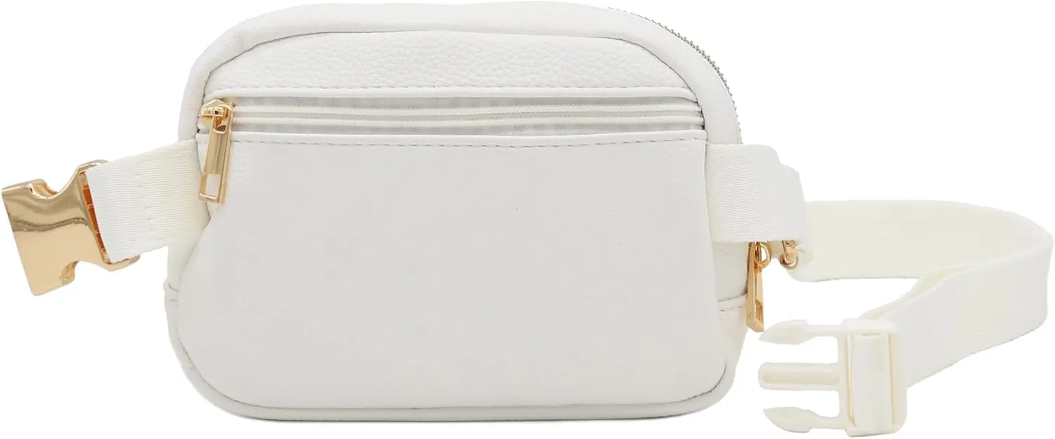 Lightweight Soft PU Pebbled Leather Everyday Sling Fanny Pack Belt Bag with Gold Metal Buckle (White)