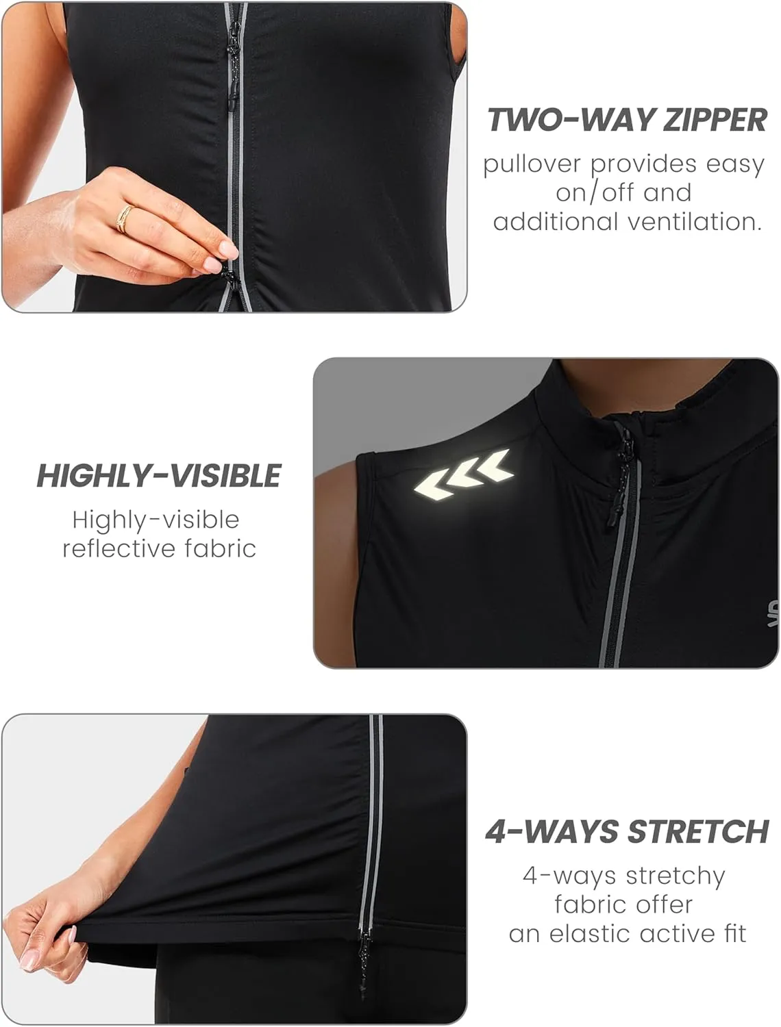 Little Donkey Andy Women's Breathable Cycling Vests full Zip Reflective Sleeveless Jerseys Running Biking Shirts 4 Pockets
