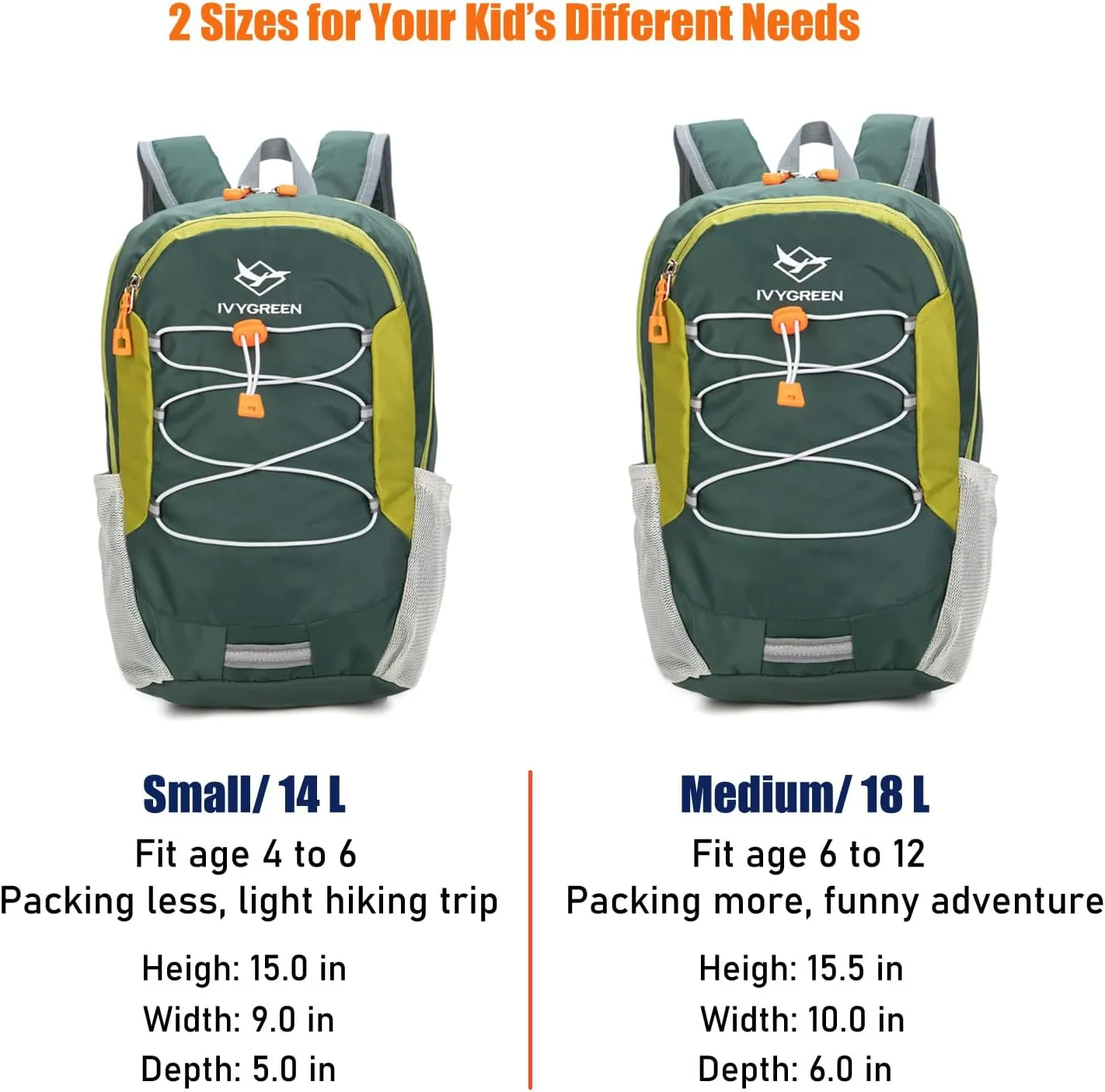 Little Kids Hiking Backpack for Boys or Girls, Small Daypack for Camping or Travel (Green, Medium)