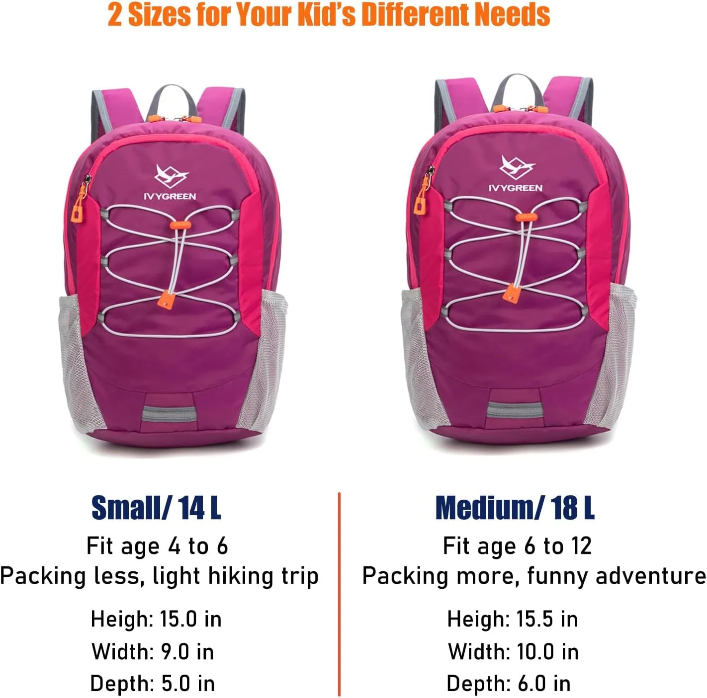 Little Kids Hiking Backpack for Boys or Girls, Small Daypack for Camping or Travel (Purple, Small)