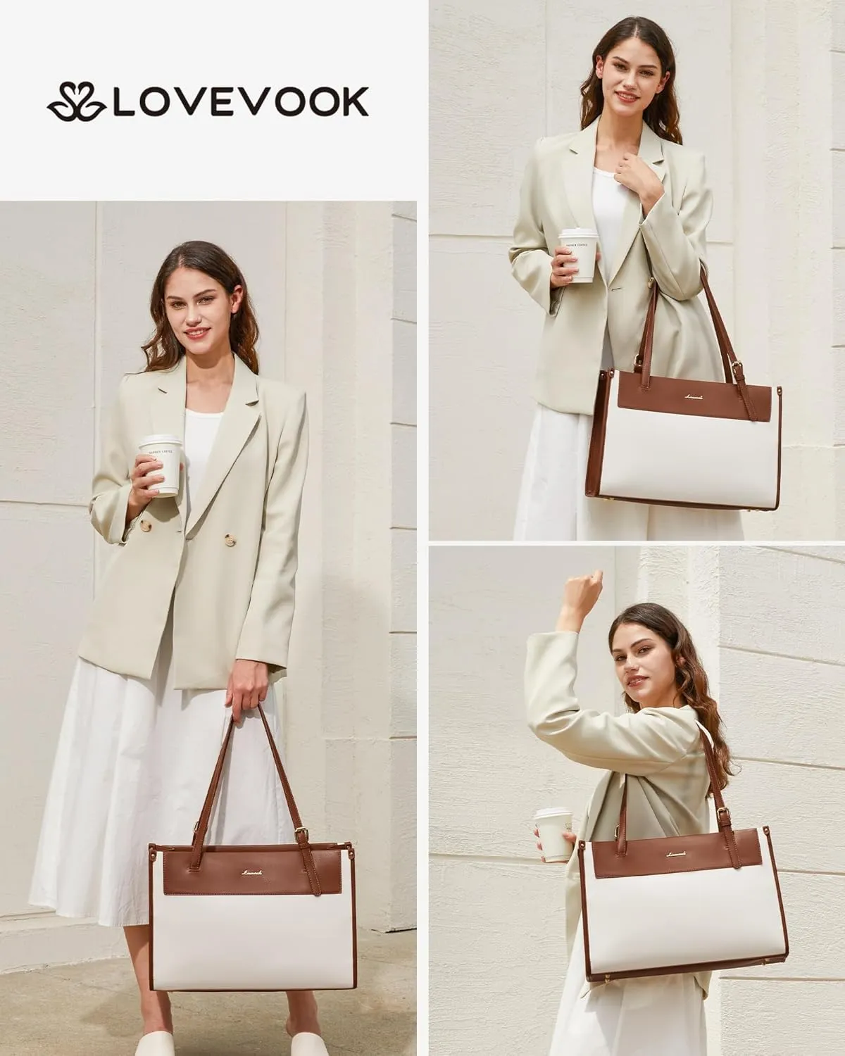 LOVEVOOK Laptop Tote Bag for Women Stylish Leather Work Tote Bag Purse Large Capacity And Waterproof Computer Briefcase for Business Office Travel, Brown White