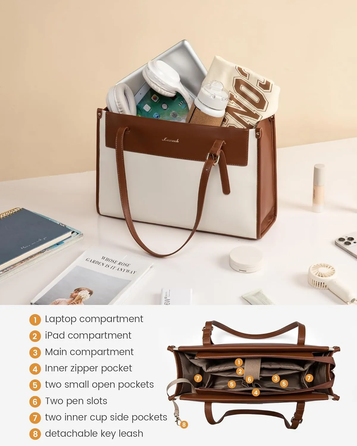 LOVEVOOK Laptop Tote Bag for Women Stylish Leather Work Tote Bag Purse Large Capacity And Waterproof Computer Briefcase for Business Office Travel, Brown White