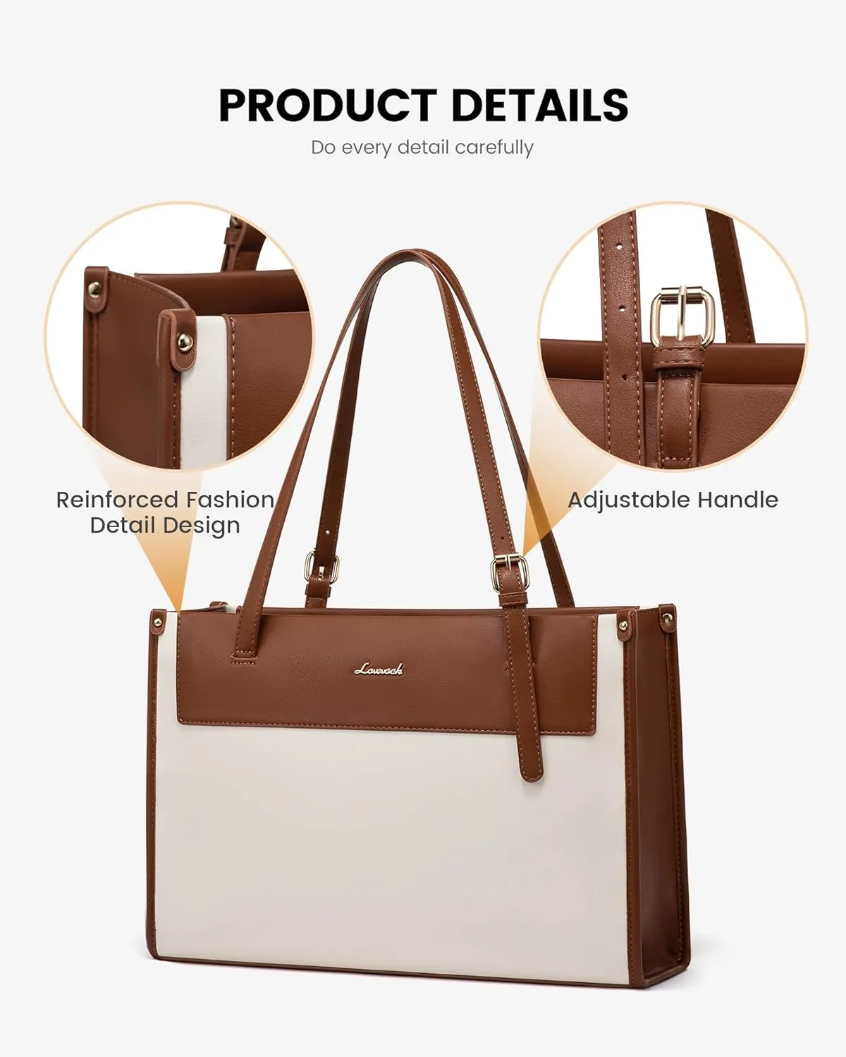 LOVEVOOK Laptop Tote Bag for Women Stylish Leather Work Tote Bag Purse Large Capacity And Waterproof Computer Briefcase for Business Office Travel, Brown White