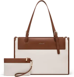 LOVEVOOK Laptop Tote Bag for Women Stylish Leather Work Tote Bag Purse Large Capacity And Waterproof Computer Briefcase for Business Office Travel, Brown White