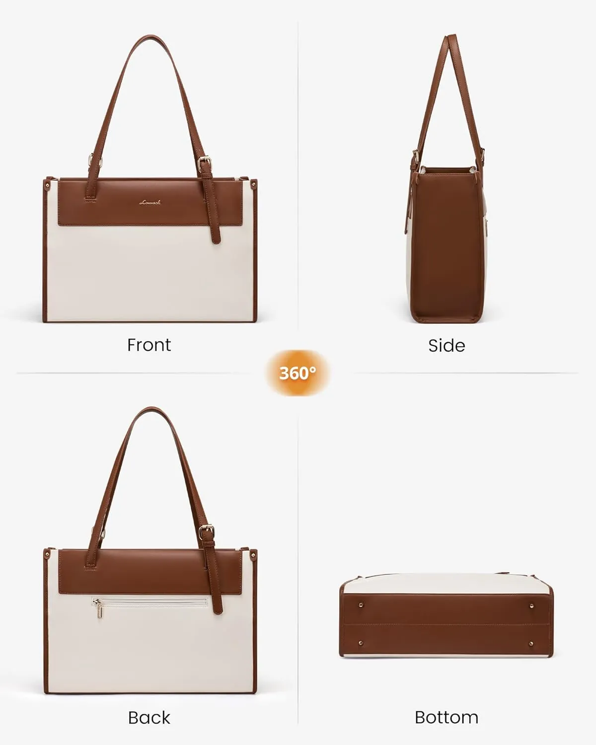 LOVEVOOK Laptop Tote Bag for Women Stylish Leather Work Tote Bag Purse Large Capacity And Waterproof Computer Briefcase for Business Office Travel, Brown White