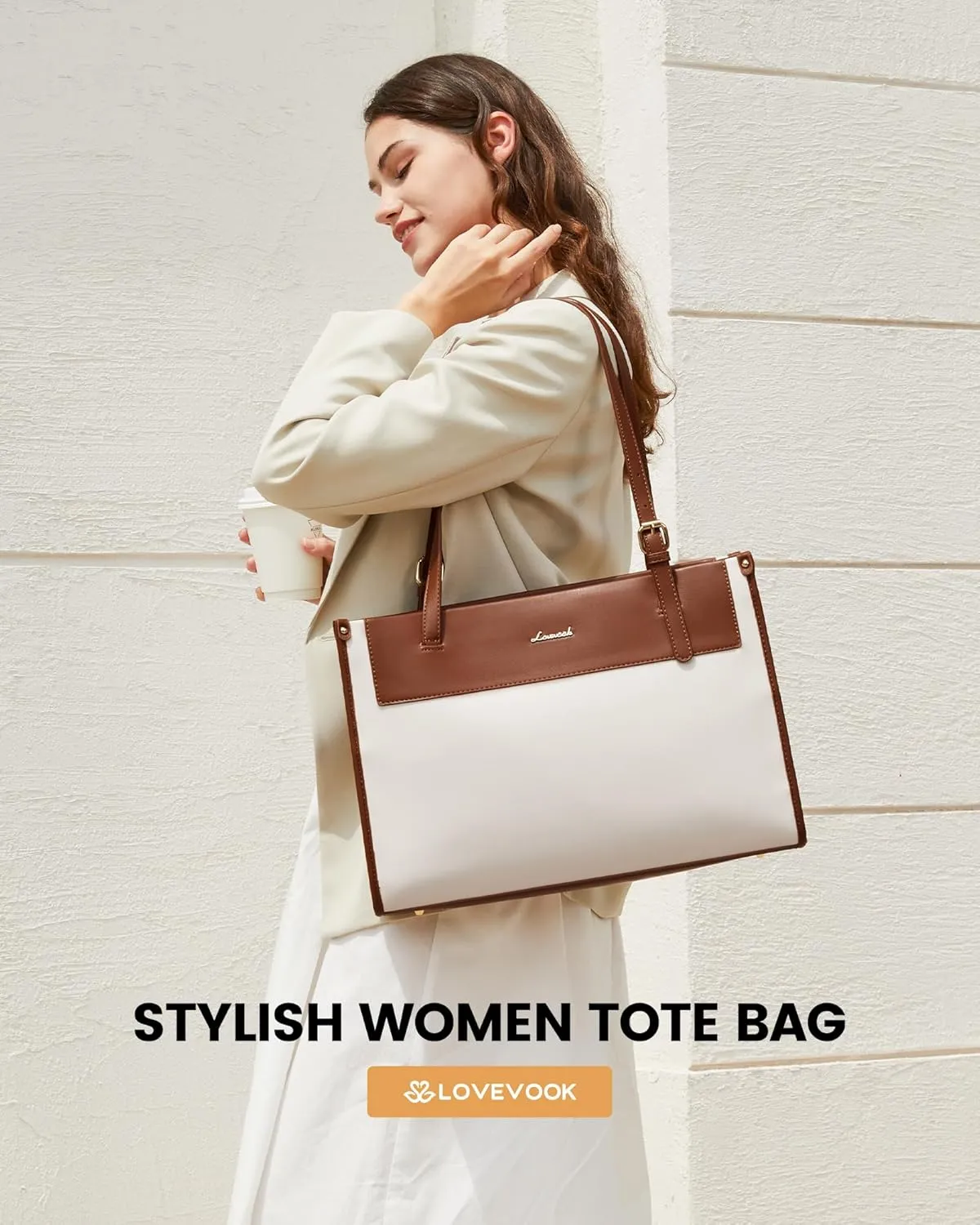 LOVEVOOK Laptop Tote Bag for Women Stylish Leather Work Tote Bag Purse Large Capacity And Waterproof Computer Briefcase for Business Office Travel, Brown White