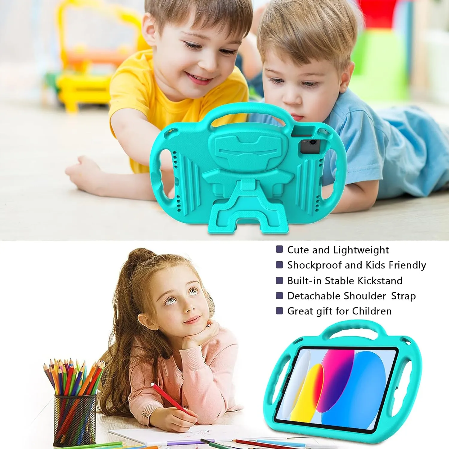LTROP Kids Case for iPad 11th Generation (A16) 2025 / 10th Generation(10.9 Inch, 2022) with Shoulder Strap, Durable Light Weight Handle Stand Child-Proof Bumper Case for iPad 11th/10th Gen, Turquoise