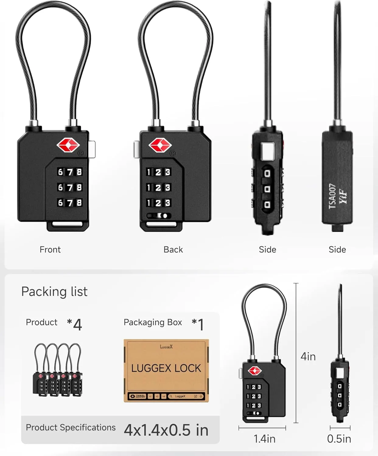 LUGGEX Luggage Locks TSA Approved, Ultra-Light Combination Lock for Suitcases, Carry-Ons, Backpacks, Gym| Lightweight ABS Cable Lock Set with Gift Box
