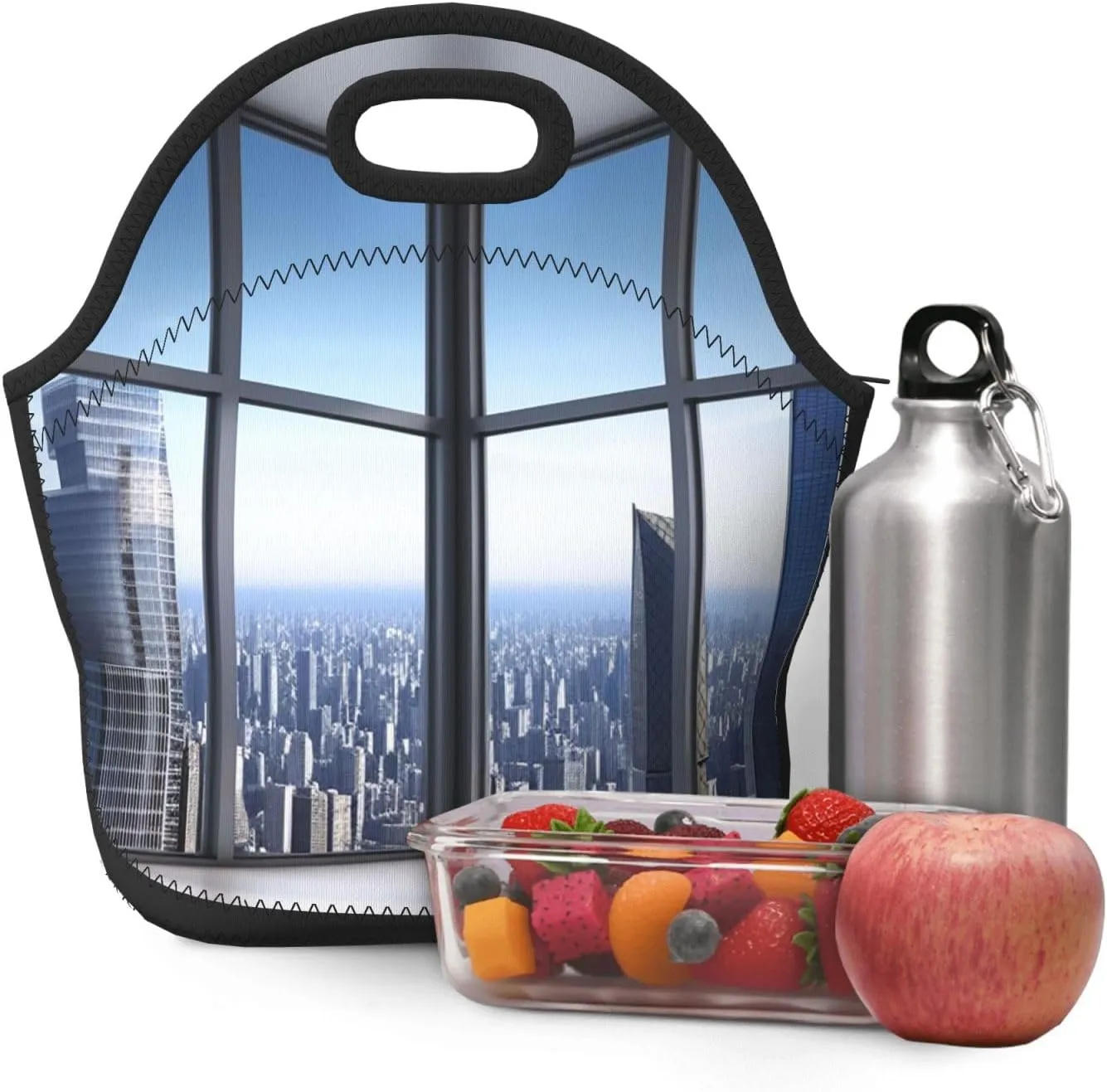 Lunch Bag Lunch Box for Women Men Neoprene Insulated Lunch Tote Bag Skyscraper Buildings Leakproof Cooler Bag Reusable Lunchbox Portable Cooler Lunch Container for Picnic Travel