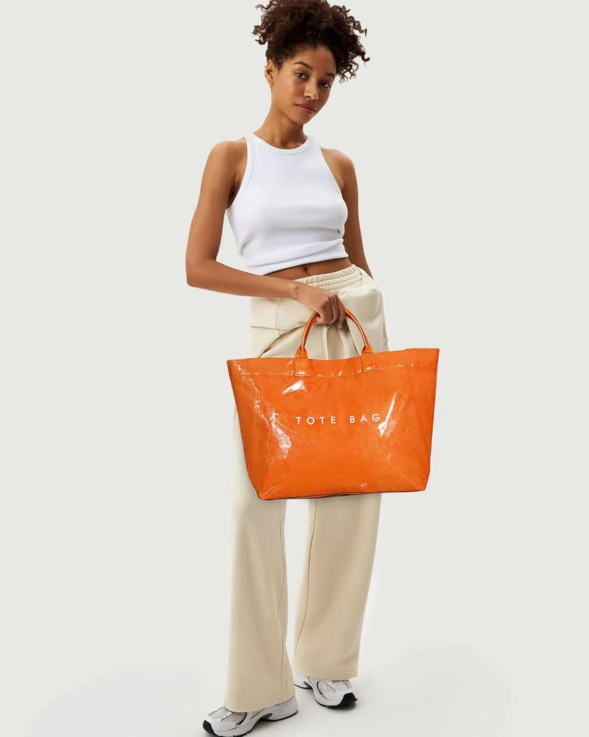 Lushandy PVC Tote Bag Women's Letters Print Large Kraft Paper Carry All Bag Top Handle Clear Hobo Handbag