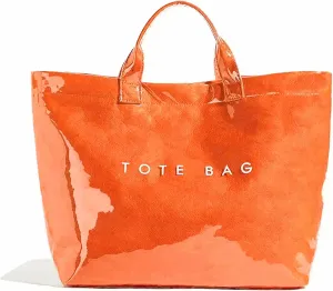 Lushandy PVC Tote Bag Women's Letters Print Large Kraft Paper Carry All Bag Top Handle Clear Hobo Handbag