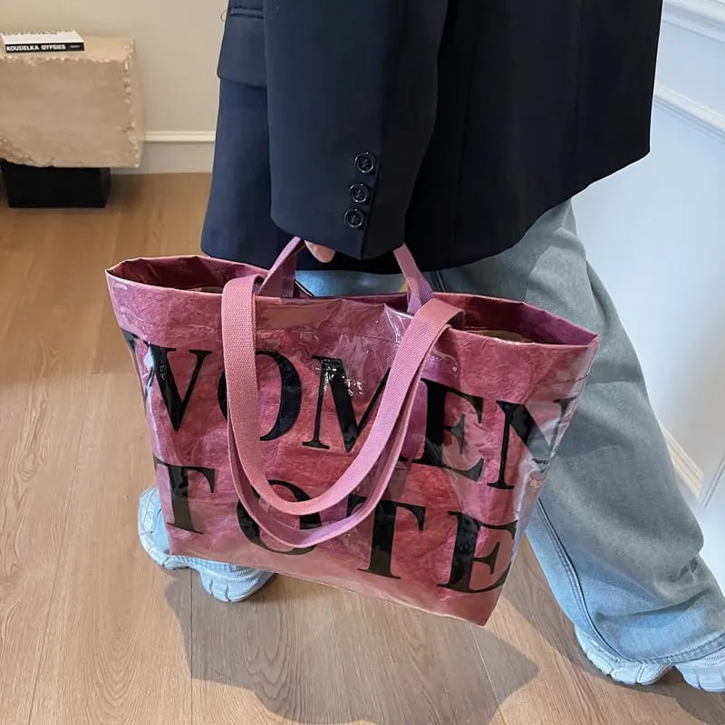 Lushandy Tote Bag for Women Large PVC Tote Bag with Shoulder Strap Trendy Womens Letters Print Tote Bag Shiny Hobo Handbag