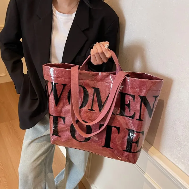 Lushandy Tote Bag for Women Large PVC Tote Bag with Shoulder Strap Trendy Womens Letters Print Tote Bag Shiny Hobo Handbag