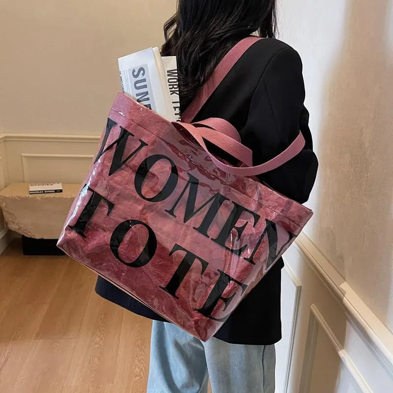 Lushandy Tote Bag for Women Large PVC Tote Bag with Shoulder Strap Trendy Womens Letters Print Tote Bag Shiny Hobo Handbag