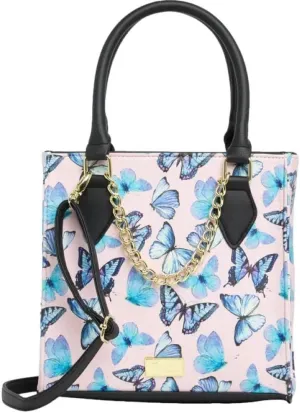 Luv Betsey LBDIXIE All Over Blue Butterfly Print On Textured Pink Faux Leather With Metal Gold Tone Chain Swag Detail Tote Crossbody