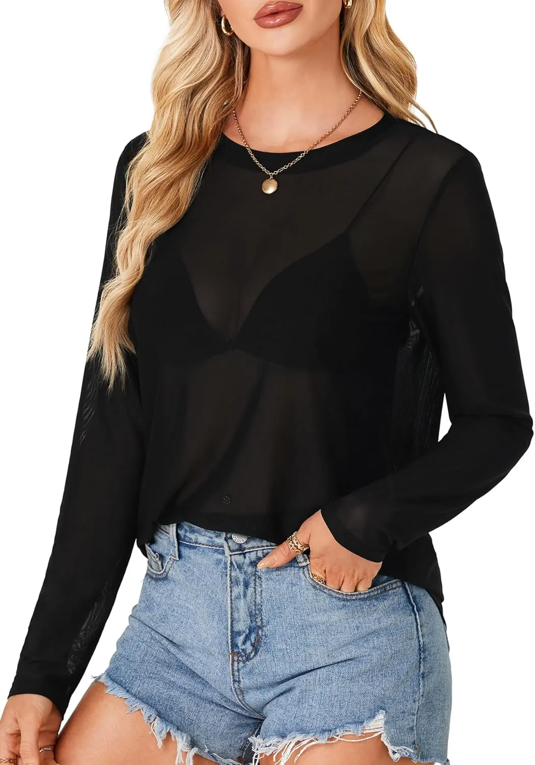 LYANER Women's Sheer Mesh Long Sleeve Round Neck Sexy See Through Blouse Shirt Top