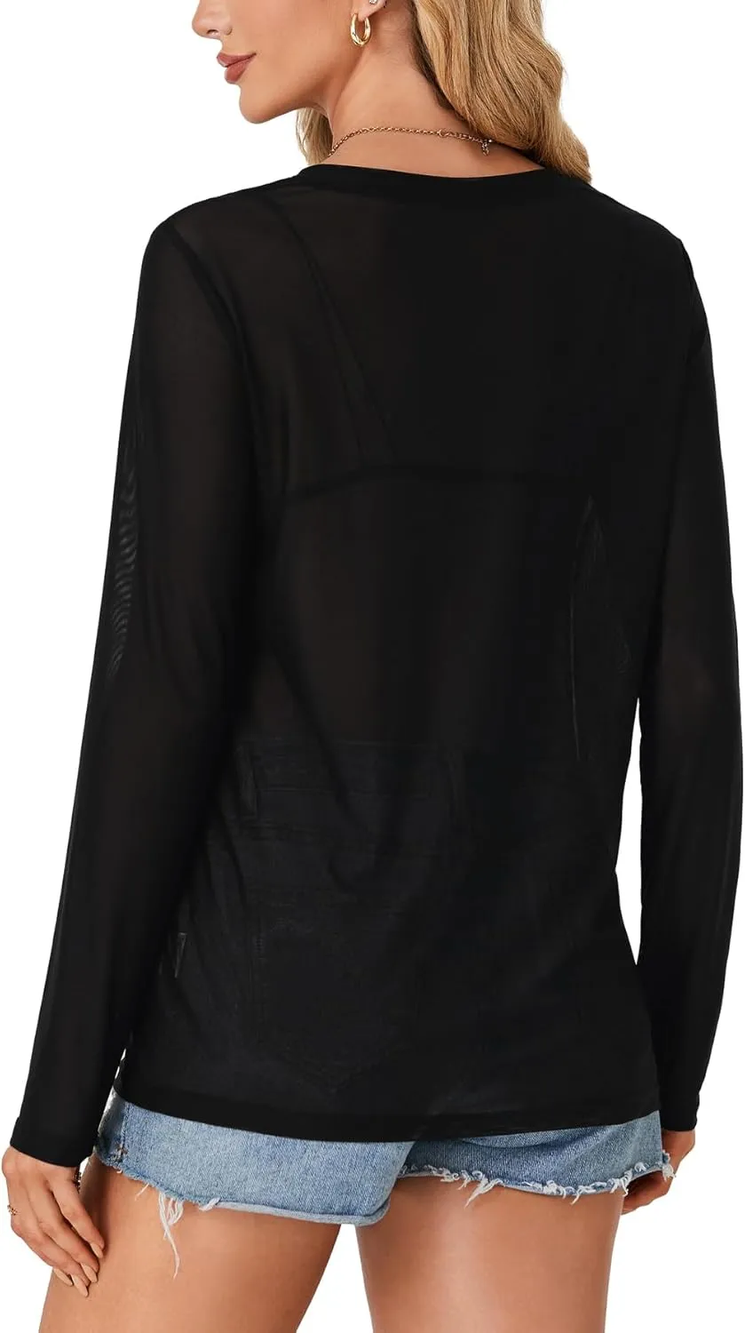 LYANER Women's Sheer Mesh Long Sleeve Round Neck Sexy See Through Blouse Shirt Top