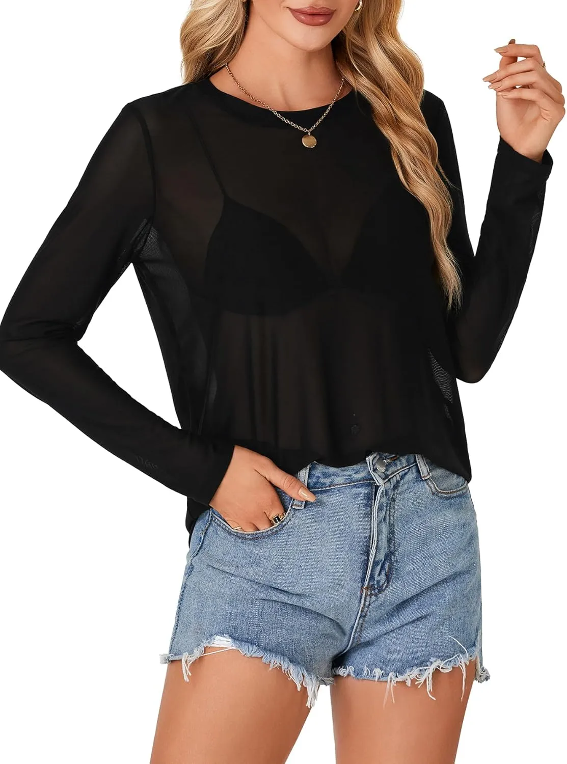 LYANER Women's Sheer Mesh Long Sleeve Round Neck Sexy See Through Blouse Shirt Top