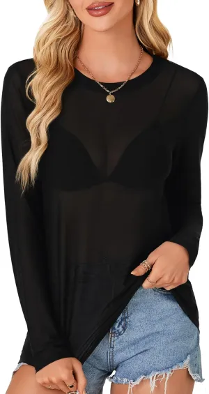 LYANER Women's Sheer Mesh Long Sleeve Round Neck Sexy See Through Blouse Shirt Top