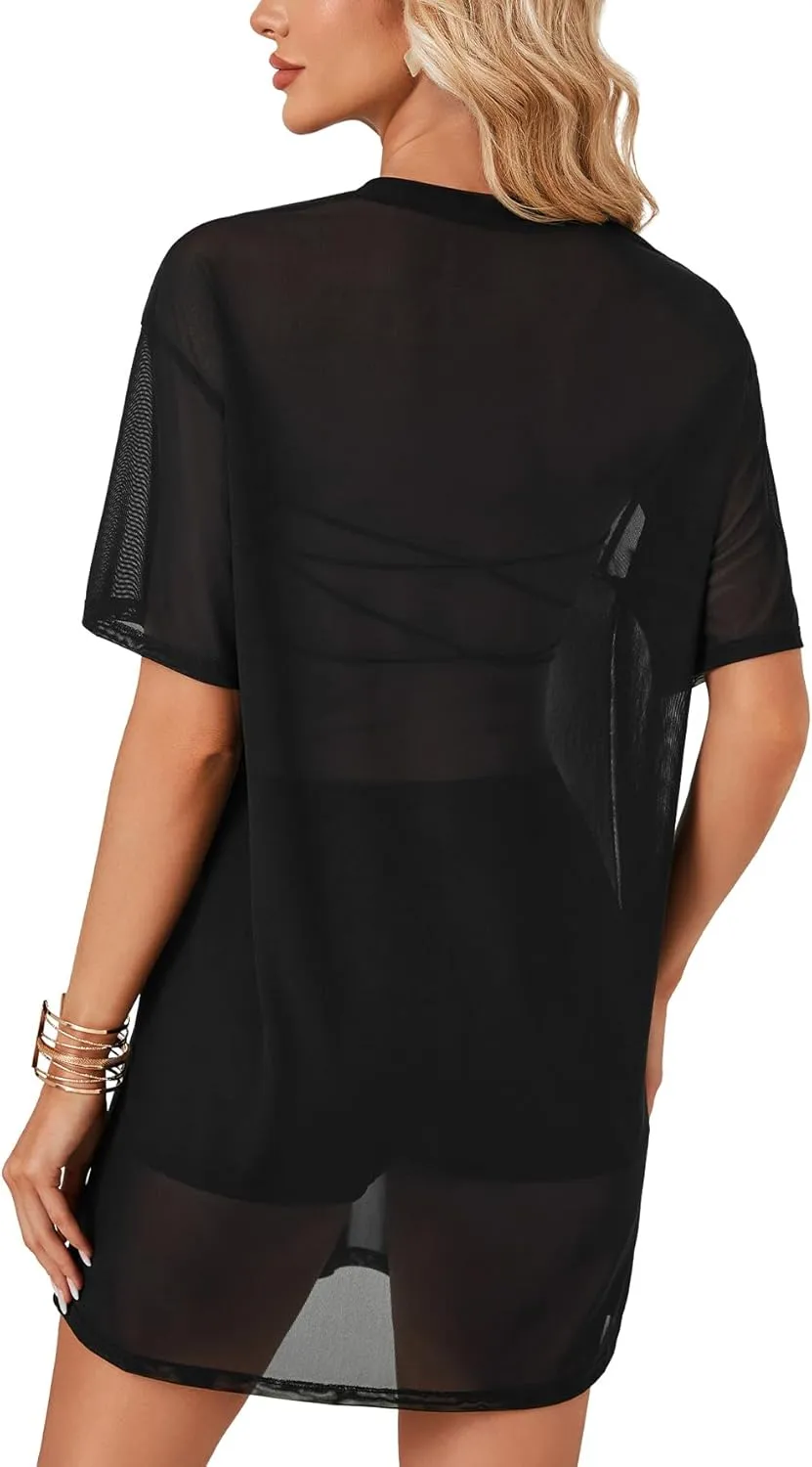 LYANER Women's Sheer Mesh Short Sleeve Cover Ups Round Neck See Through Sexy Blouse Shirt Top