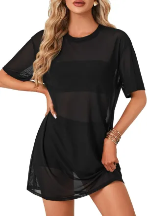 LYANER Women's Sheer Mesh Short Sleeve Cover Ups Round Neck See Through Sexy Blouse Shirt Top
