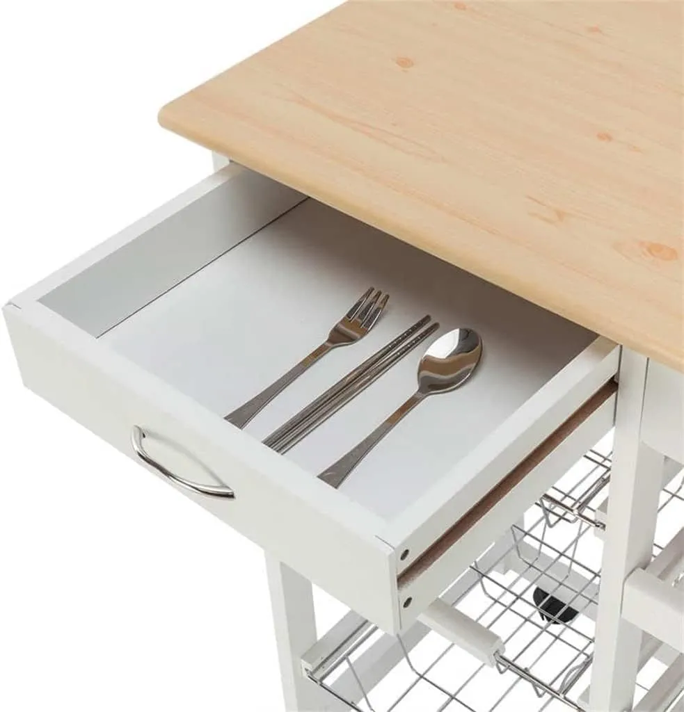 MaGiLL Moveable Kitchen Cart with Two Drawers & Two Wine Racks & Three Baskets White with Trolley Cart Dining