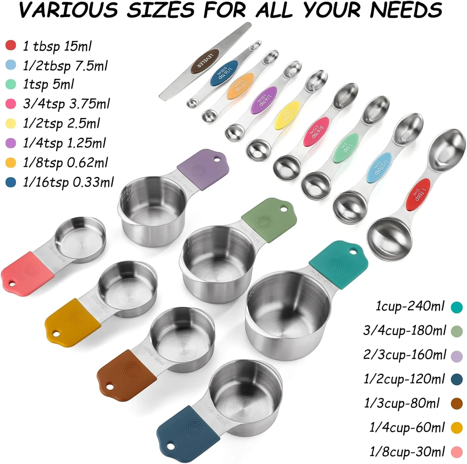 Magnetic Measuring Cups and Spoons Set of 16 Stainless Stee Stackable Nesting 7pcs Measuring Cups 9pcs Measuring Spoons for Dry and Liquid Ingredients