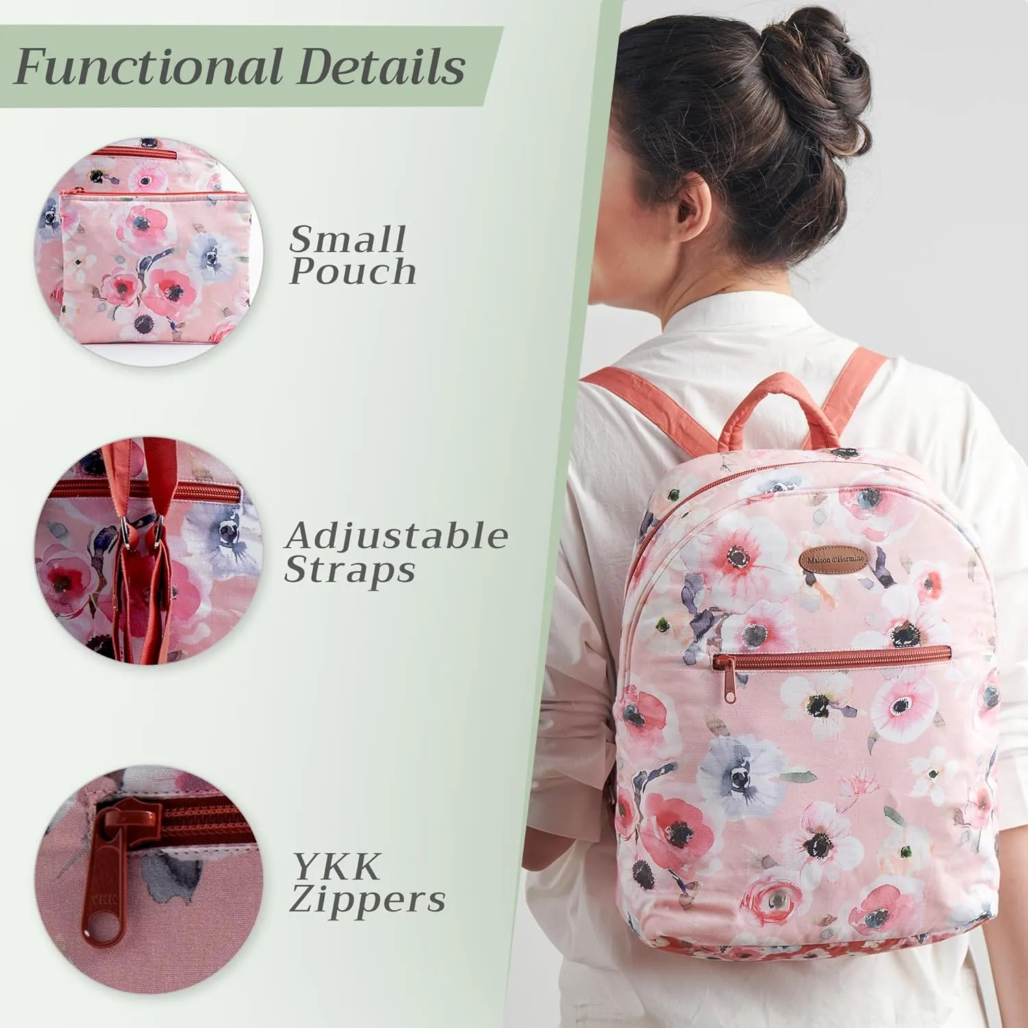 Maison d' Hermine Backpack Cotton Shoulder Backpack with Small Pouch Lightweight Bag for Travel Work Beach Perfect for Women & Men (Pale Garden)