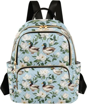 Mallard Duck White Flower Pattern Backpack Purse for Women Shoulder Bag Fashion Daypack Ladies Handbag Lightweight Travel Bag Rucksack