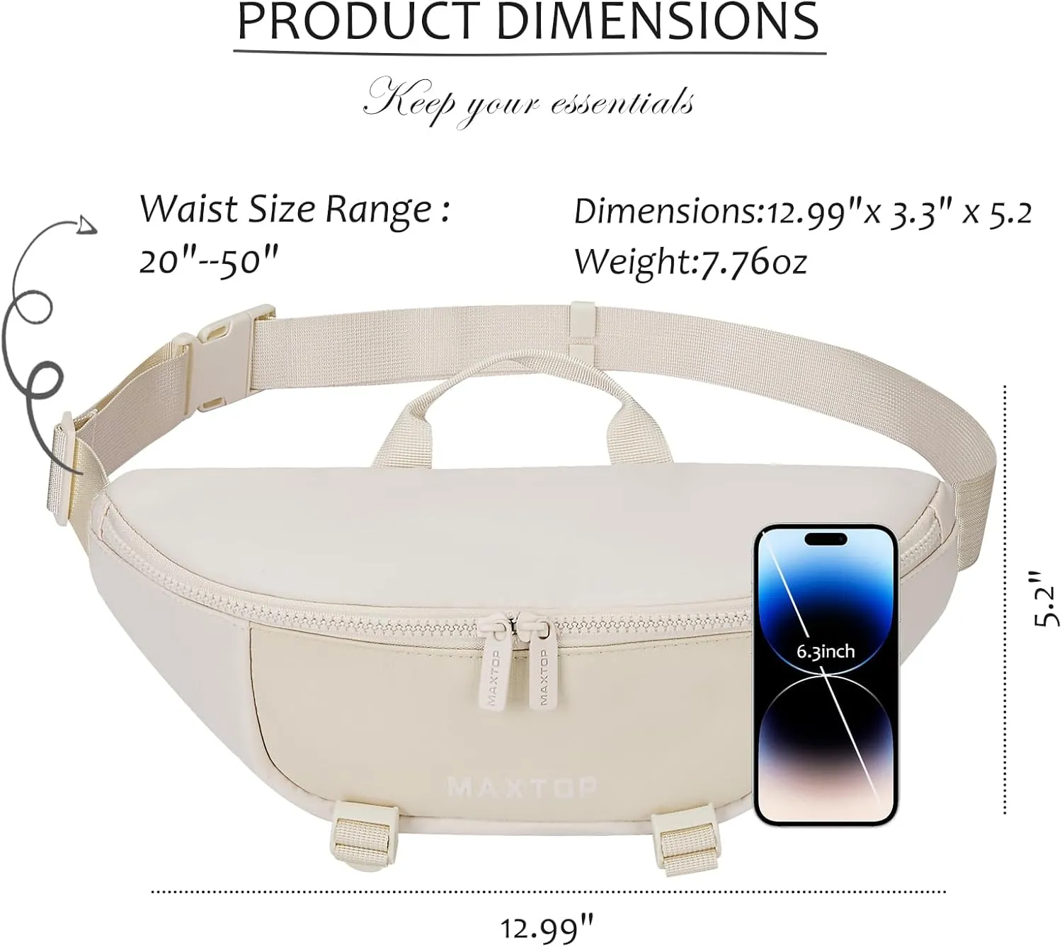 MAXTOP Large Fanny Pack Cross Body Bag Beige Waist Pack with Adjustable Strap for Travel Sports Running,Beige