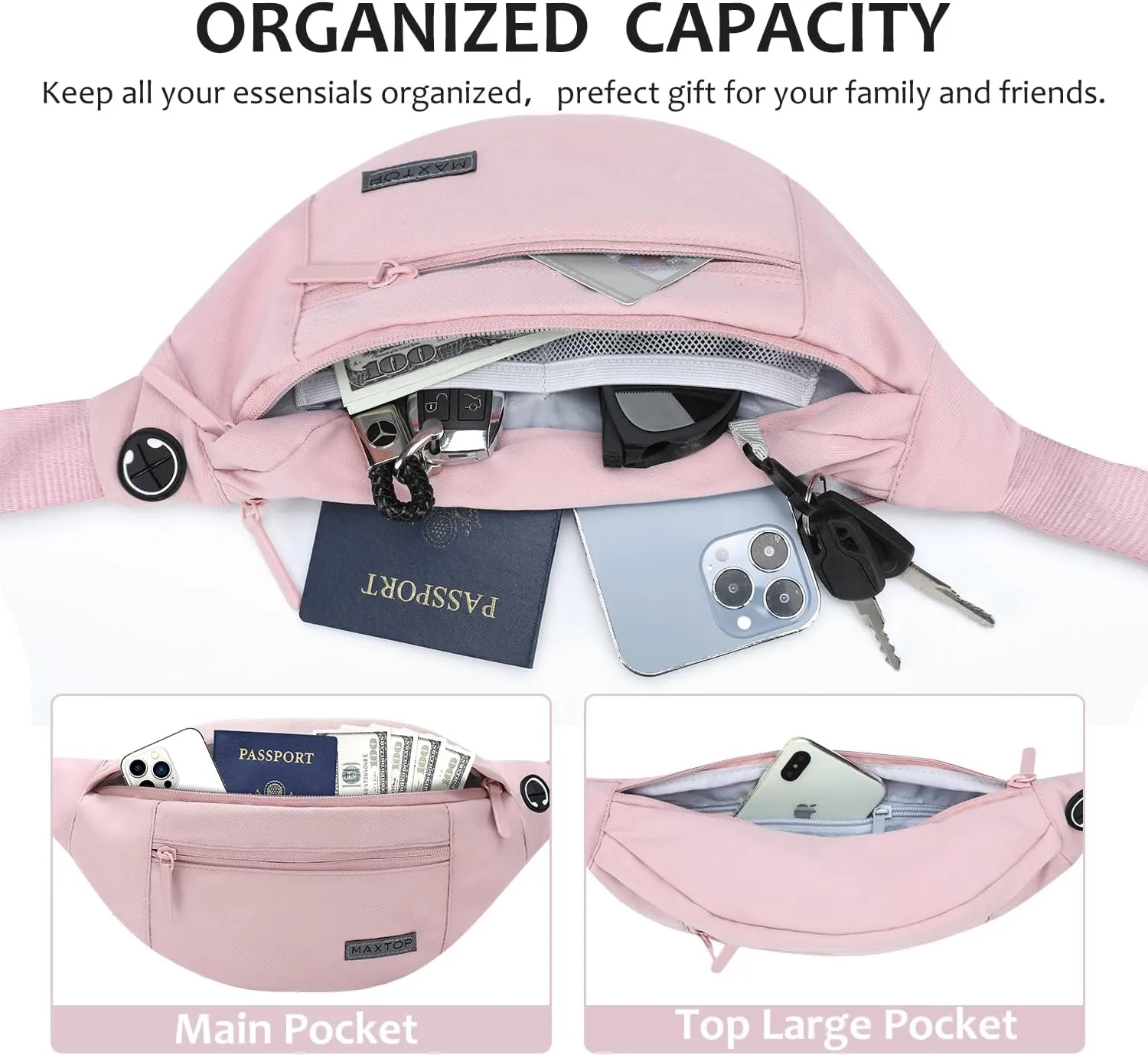 MAXTOP Large Pink Crossbody Fanny Pack Belt Bag for Women with 4-Zipper Pockets Gifts for Enjoy Sports Yoga Running Hiking Workout Walking Casual Travel Wallets Fashion Waist Pack Phone Bag