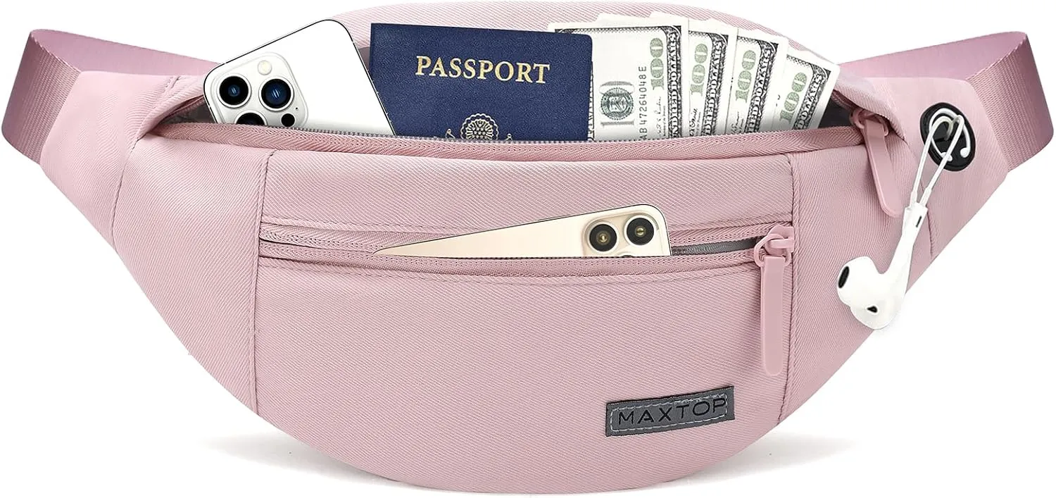 MAXTOP Large Pink Crossbody Fanny Pack Belt Bag for Women with 4-Zipper Pockets Gifts for Enjoy Sports Yoga Running Hiking Workout Walking Casual Travel Wallets Fashion Waist Pack Phone Bag