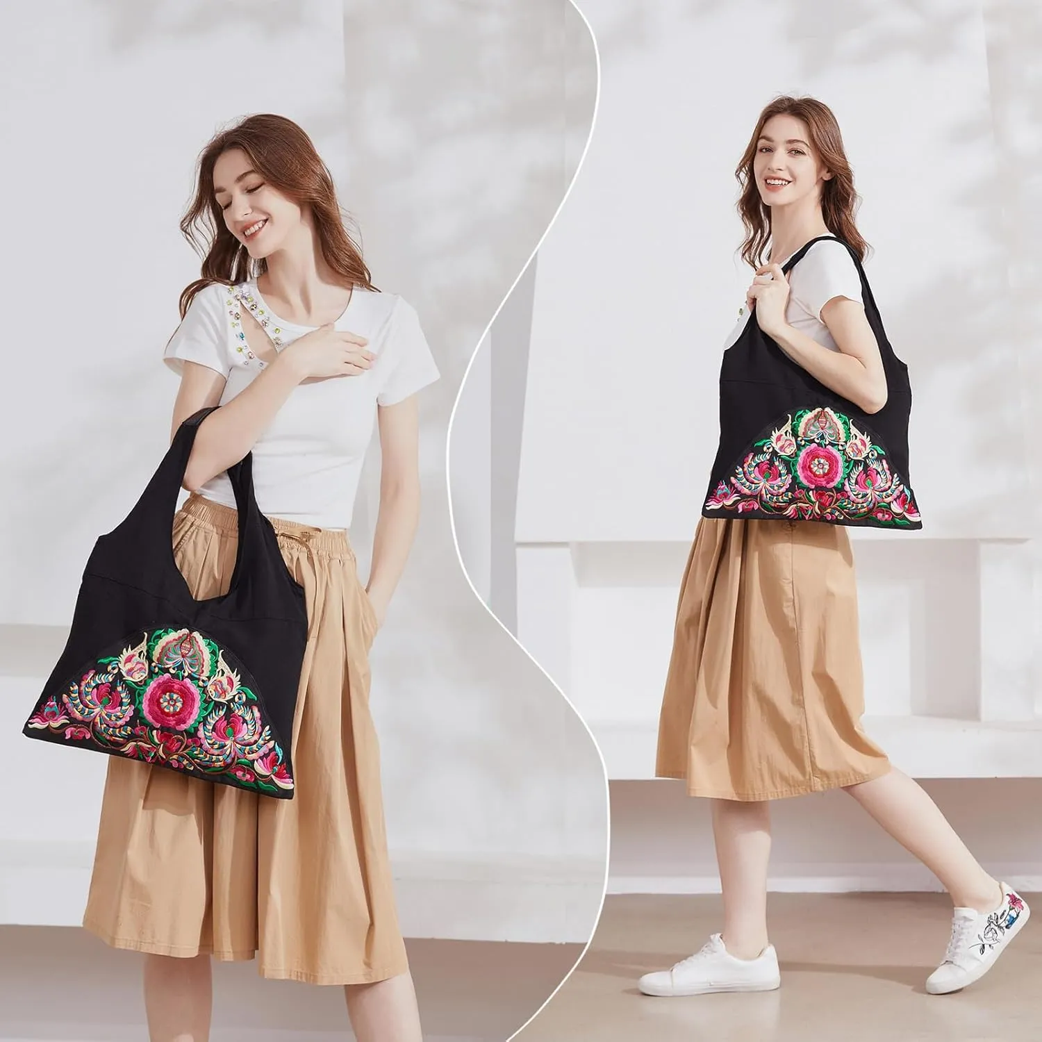 MAZEXY Tote Handbags for Women Large Embroidered Canvas Shoulder Bag Daily Bag