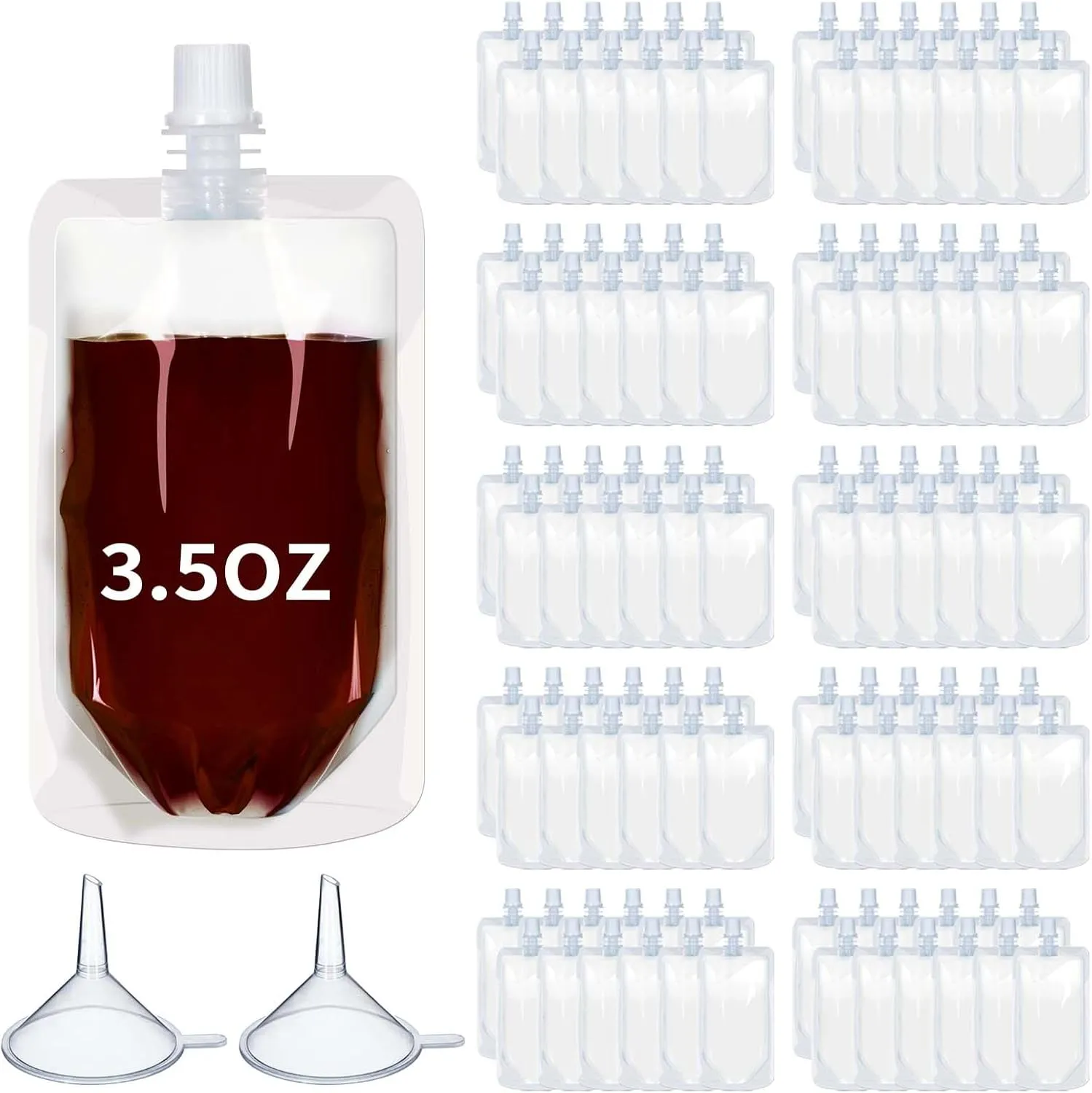 Meanplan 100 Pcs Plastic Pouches Bulk Reusable Squeeze Pouches Clear Juice Drink Bags Leak Proof with Funnel for Adults Travel Beverage Women Men(3.5 oz,Straight Mouth)