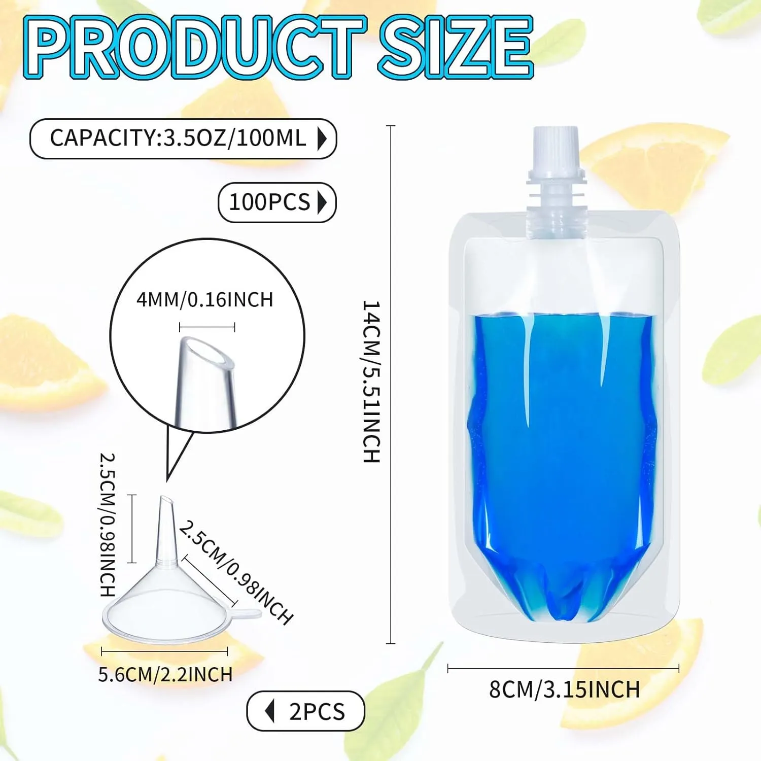 Meanplan 100 Pcs Plastic Pouches Bulk Reusable Squeeze Pouches Clear Juice Drink Bags Leak Proof with Funnel for Adults Travel Beverage Women Men(3.5 oz,Straight Mouth)
