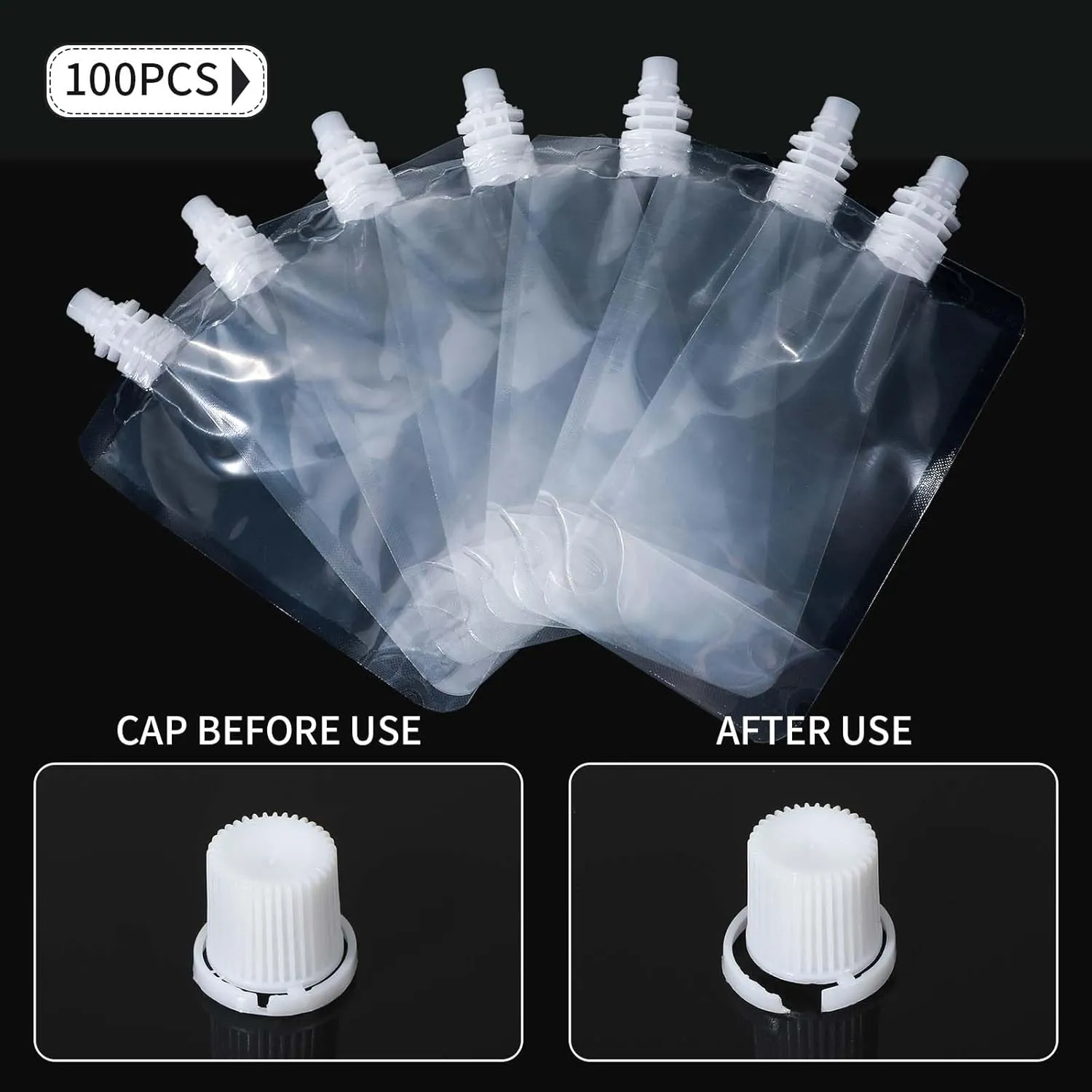 Meanplan 100 Pcs Plastic Pouches Bulk Reusable Squeeze Pouches Clear Juice Drink Bags Leak Proof with Funnel for Adults Travel Beverage Women Men(3.5 oz,Straight Mouth)
