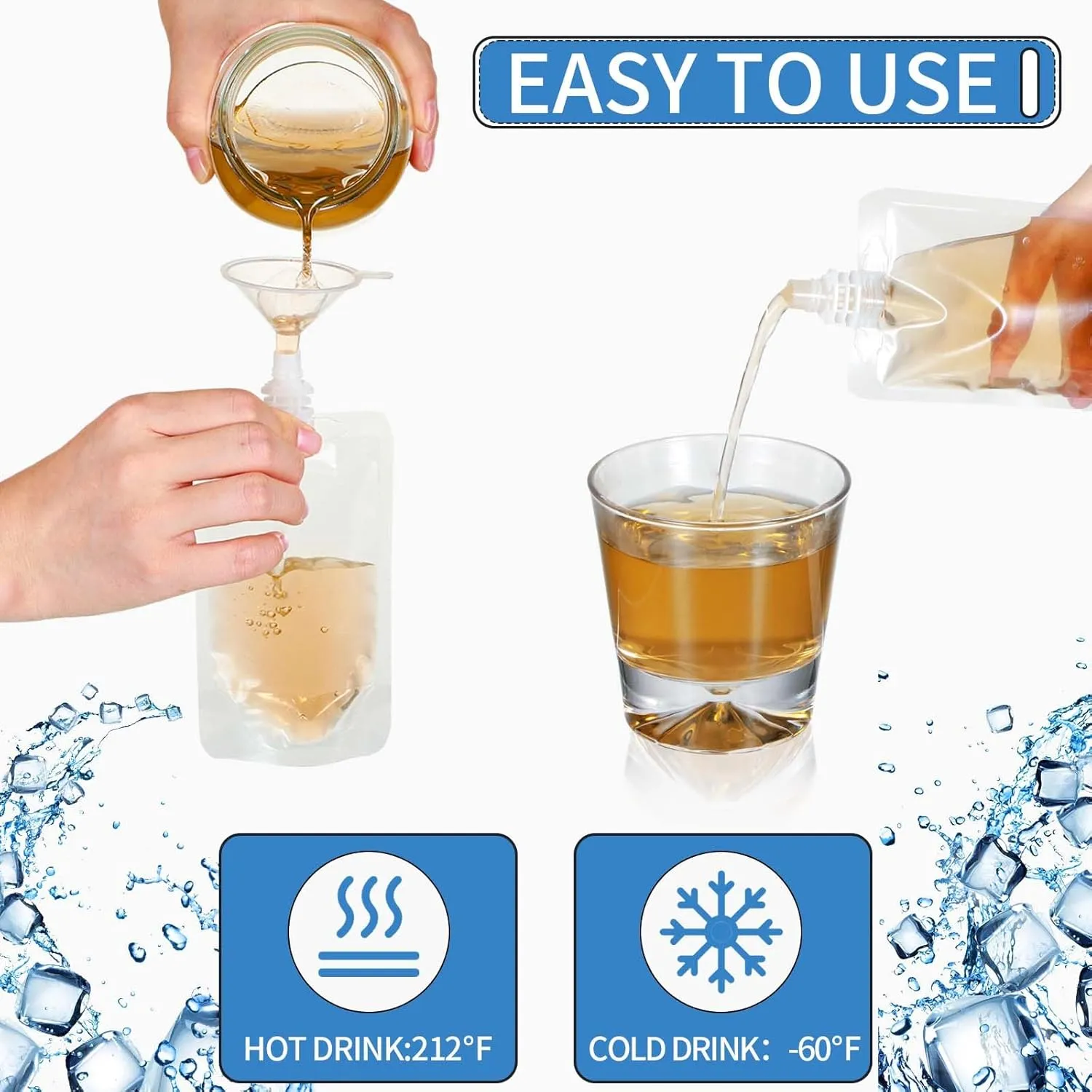 Meanplan 100 Pcs Plastic Pouches Bulk Reusable Squeeze Pouches Clear Juice Drink Bags Leak Proof with Funnel for Adults Travel Beverage Women Men(3.5 oz,Straight Mouth)