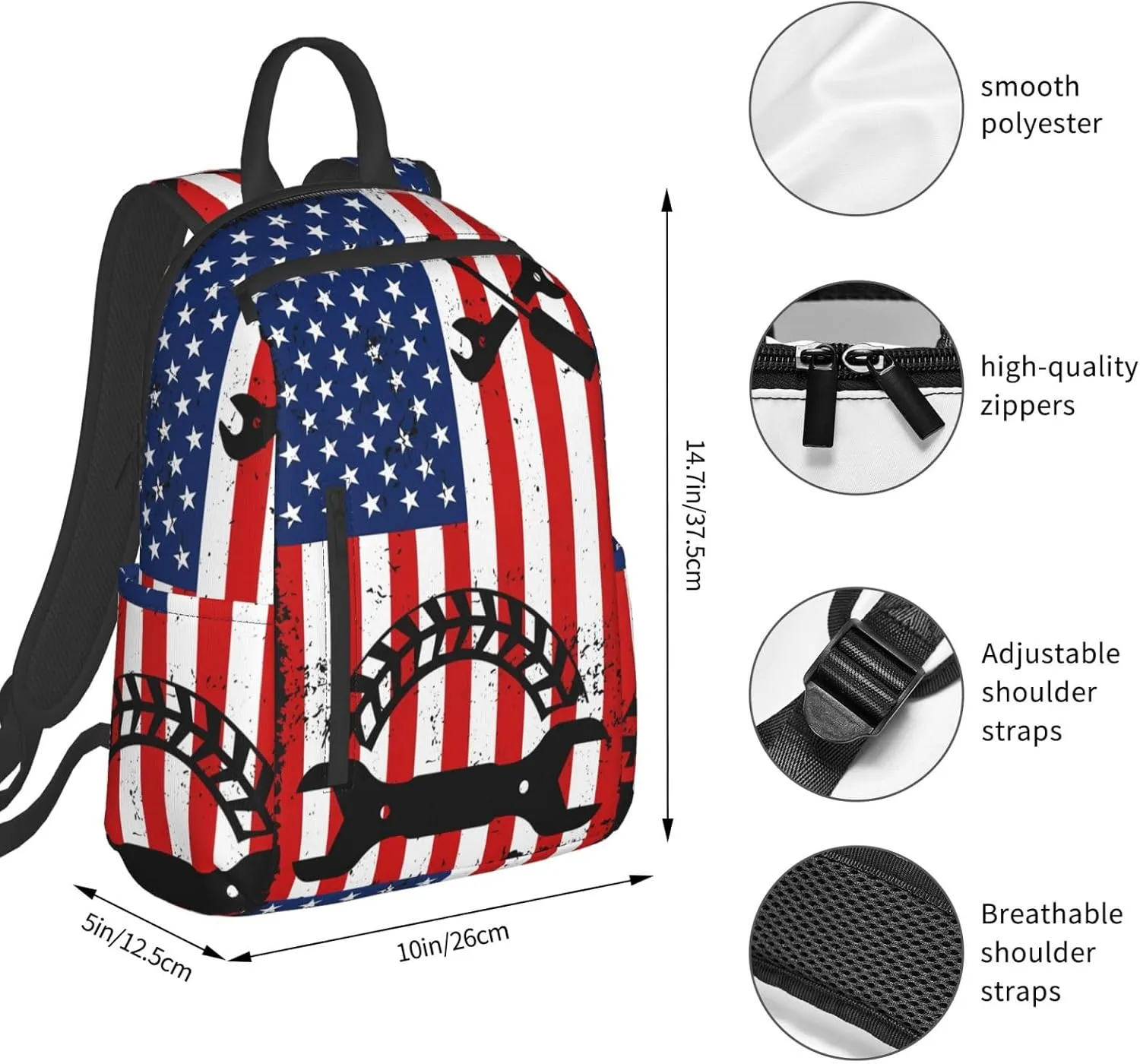 Mechanic American Flag Casual Backpacks Laptop Backpack Outdoor Travel Rucksack Sport Carry-On Daypack Lightweight Bag with Multi-Pockets