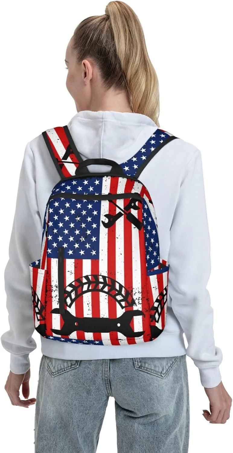 Mechanic American Flag Casual Backpacks Laptop Backpack Outdoor Travel Rucksack Sport Carry-On Daypack Lightweight Bag with Multi-Pockets