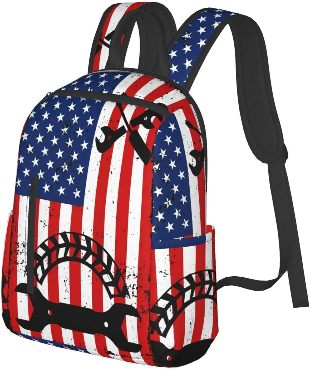 Mechanic American Flag Casual Backpacks Laptop Backpack Outdoor Travel Rucksack Sport Carry-On Daypack Lightweight Bag with Multi-Pockets